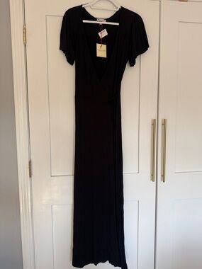 Classic Black Wrap Maxi Dress with Flutter Sleeves